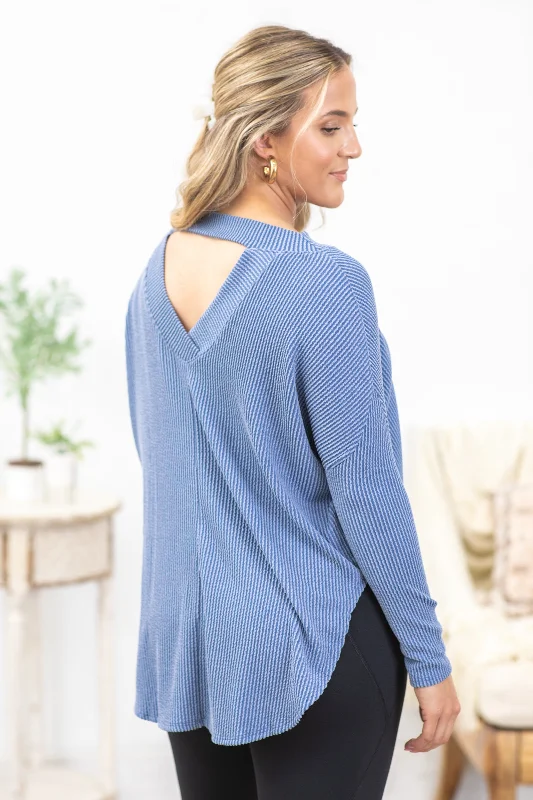 Dusty Blue Ribbed Round Hem Top