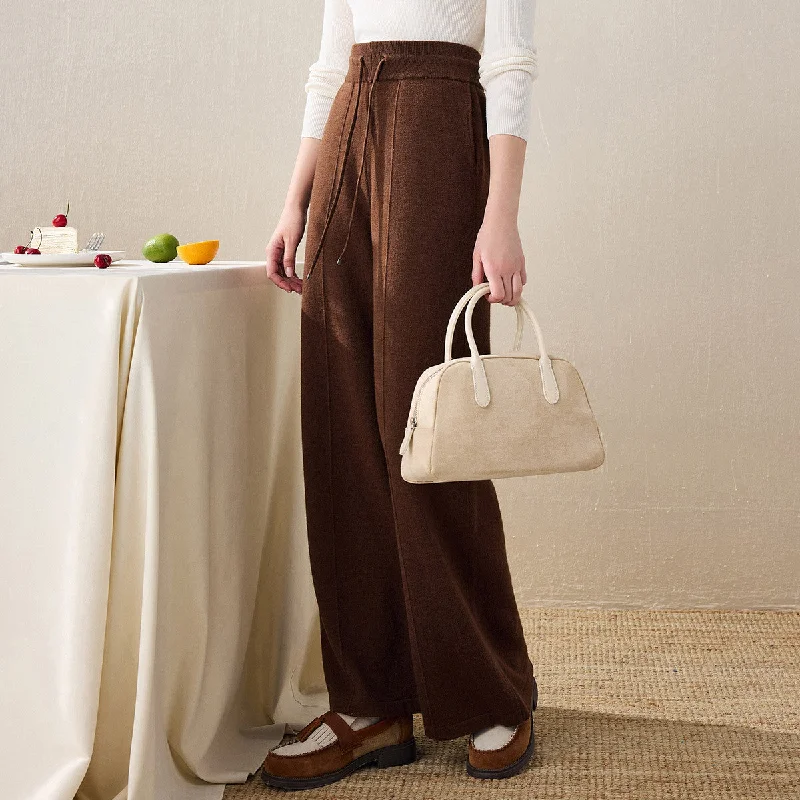 100% Wool Womens Wide Leg Pants with Drawstring