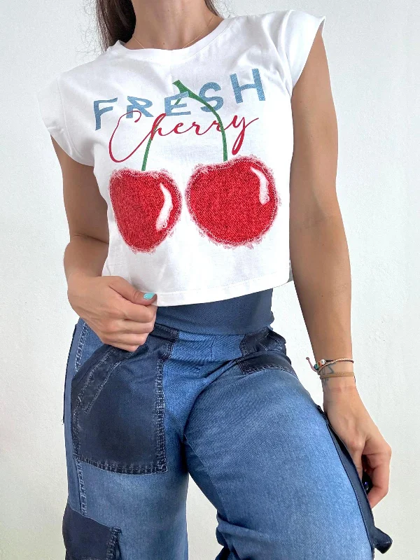 Fresh Cherry White Crop Top