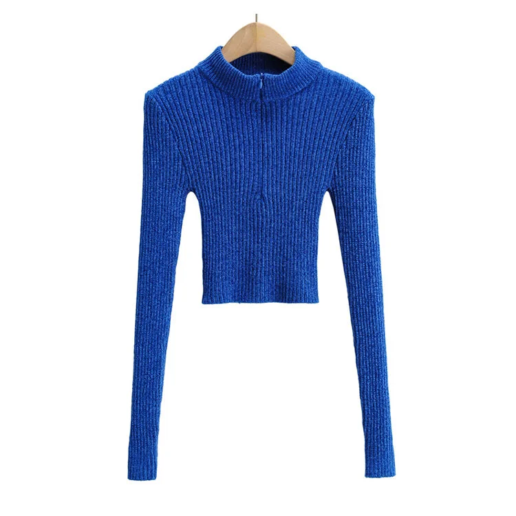 Solid color half high neck zipper design sweater  7332