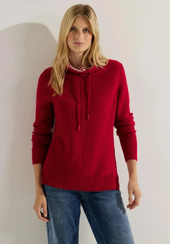 Cecil Drawstring Neckline Ribbed Sweater, Casual Red