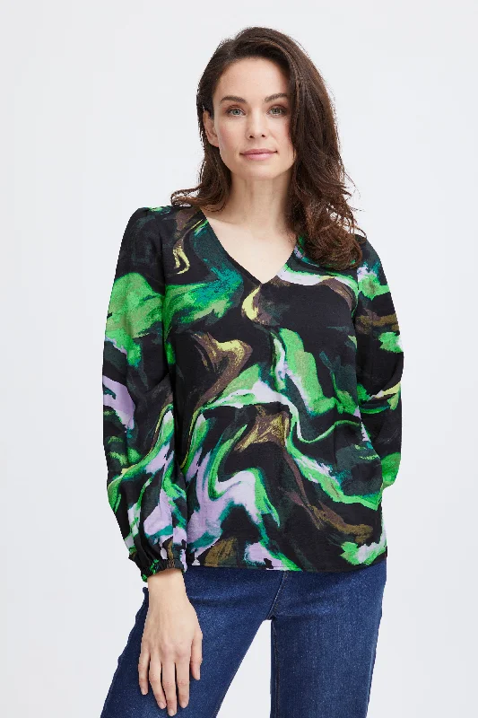 Fransa Gila Marble Print Blouse, Green