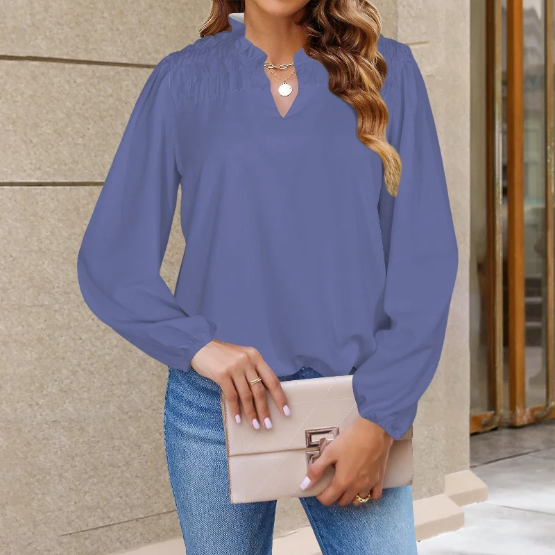 V-Neck Pleated Shoulder Ruffle Collar Long Sleeve Blouse Top Slate Violet