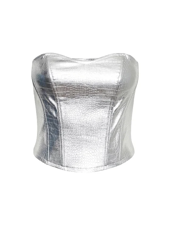 SOMETHINGNEW Aria Croc Corsage Top, Silver