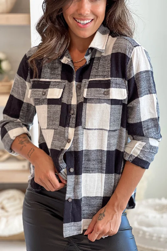 Black Plaid Button Down Top