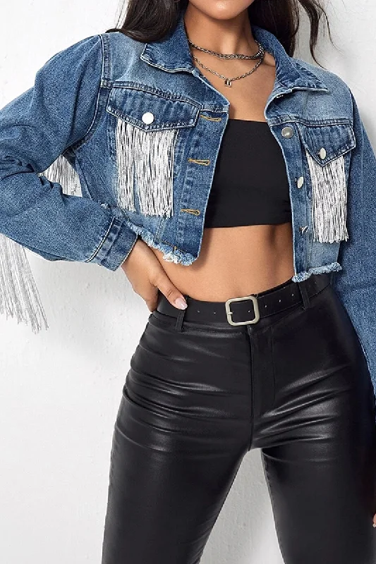 TASSEL DETAILED CROP DENIM JACKET