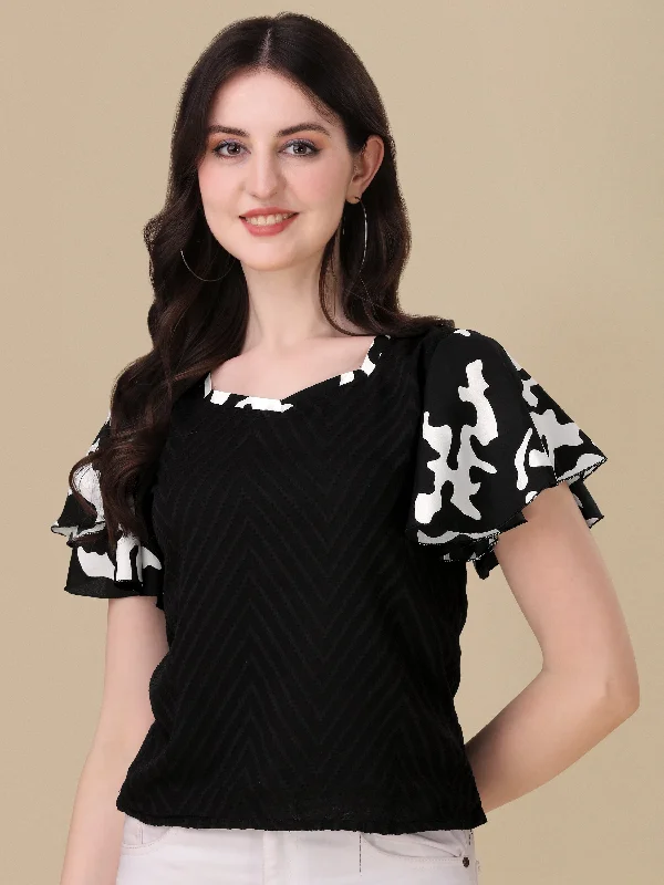 Casual Flared Sleeves Chevron/Zig Zag Women Black Top