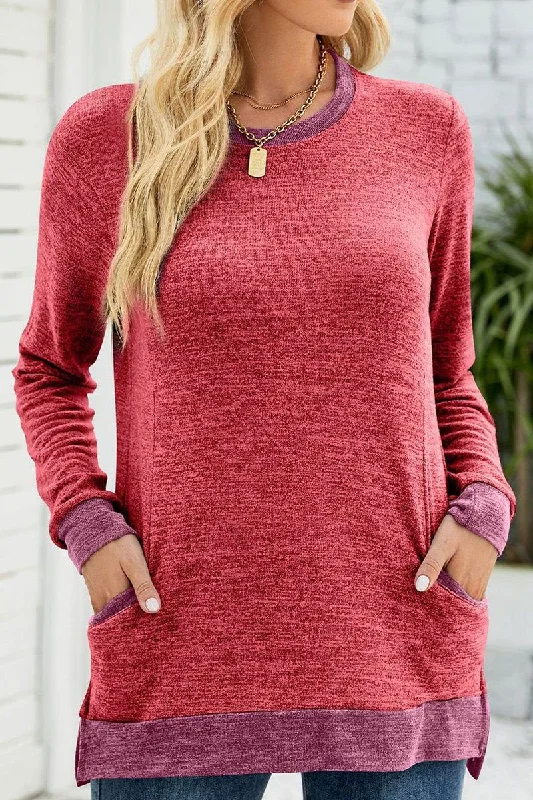 WOMEN ROUND NECK PULLOVER TOP WITH POCKETS