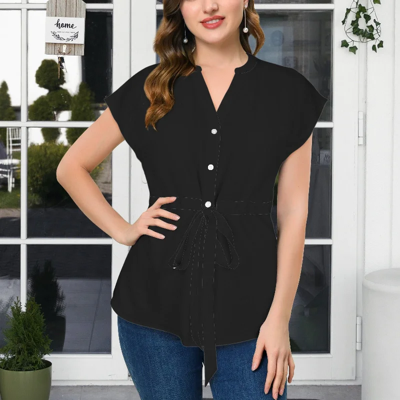 Black Tie Front Cap Sleeve Blouse