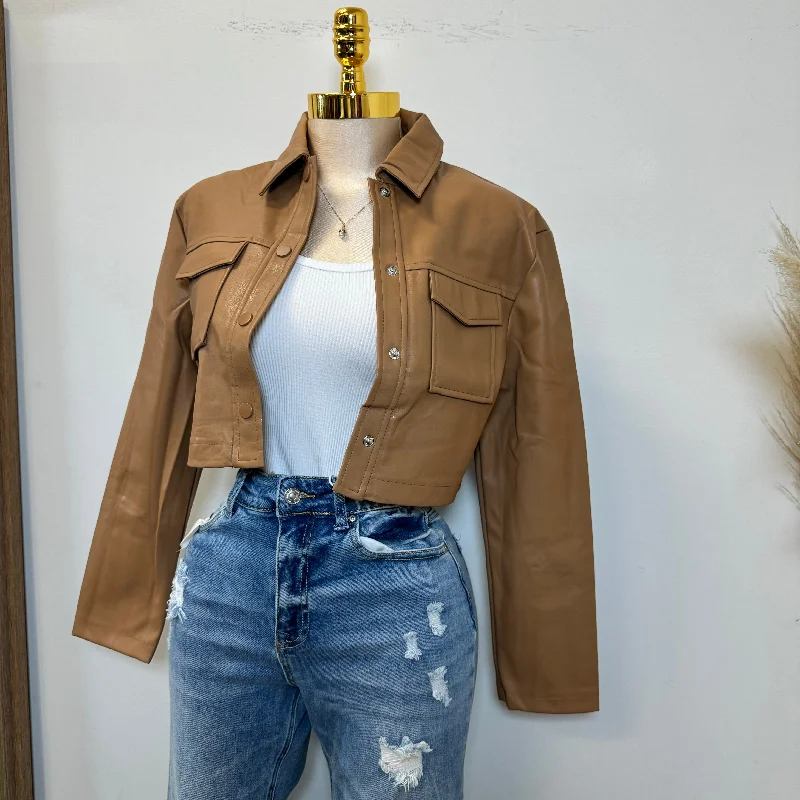 Lulú PU Leather Cropped Jacket -Brown