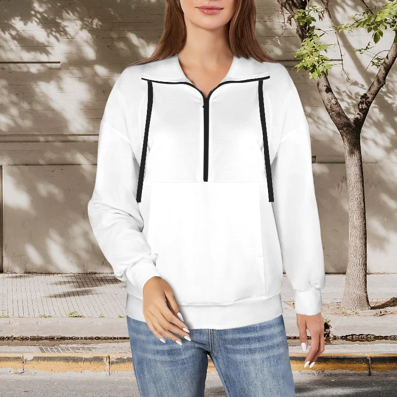 Half Zip Hoodie Pullover Drawstring Sweatshirt White