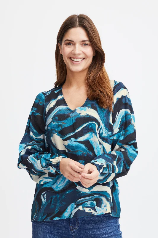 Fransa Gila Marble Print Blouse, Blue