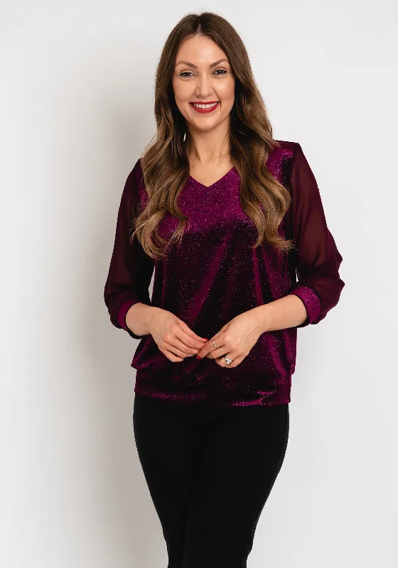 Leon Collection V-Neck Shimmer Blouse, Mulberry