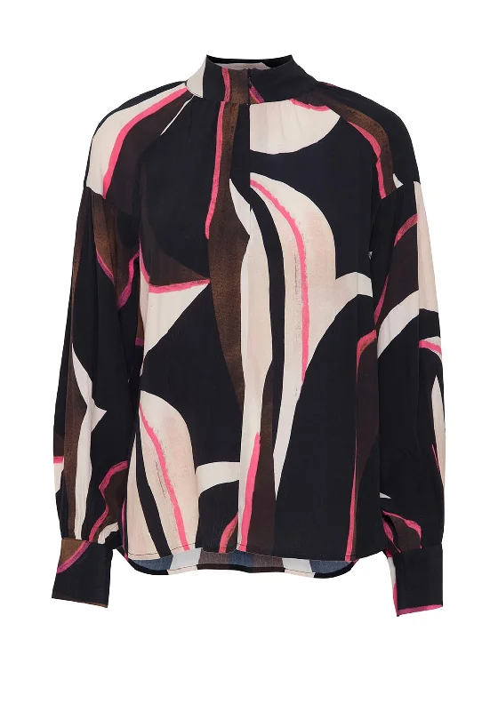 Fransa Lena Zip Neck Abstract Print Blouse, Navy & Pink