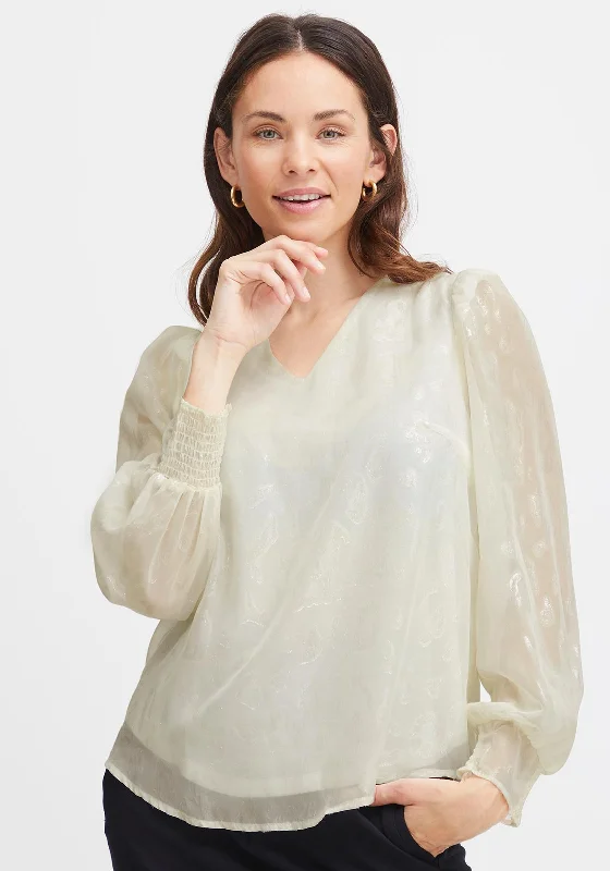 Fransa V-Neck Shimmery Blouse, Whitecap Gray