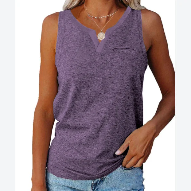 V-Neck Solid Color Sleeveless Loose Womens Vests Casual Summer Wholesale Tank Tops