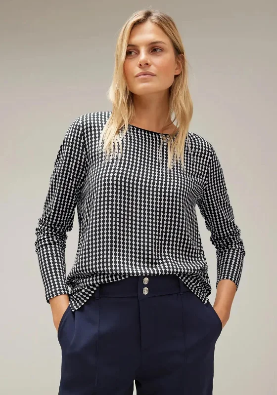 Street One Round Neck Checkered Top, Deep Blue