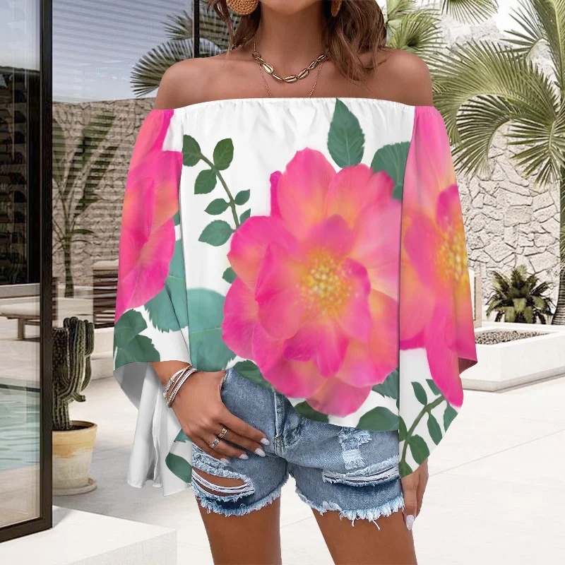 Off Shoulder Trumpet Sleeve Blouse Bold Yellow Pink Rose White