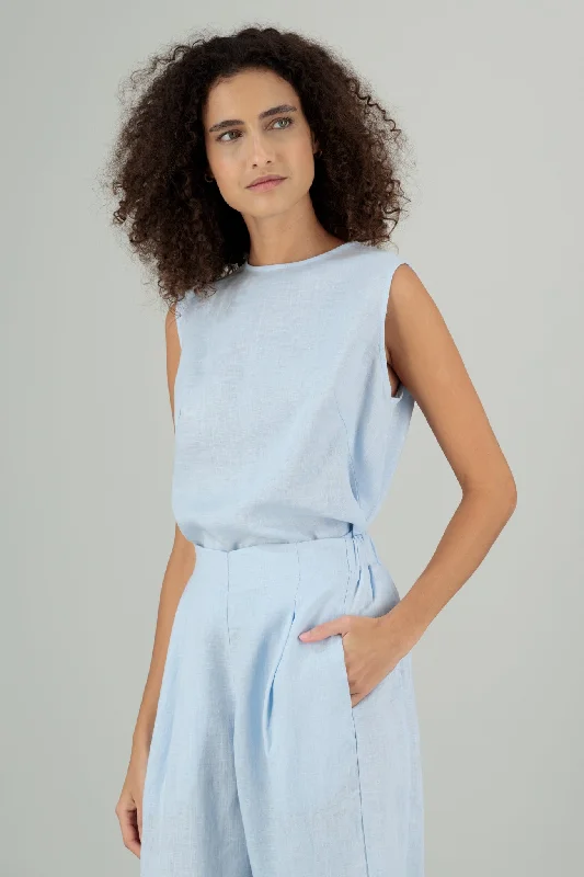 Lily Round Neck Sleeveless Linen Top Sky Blue