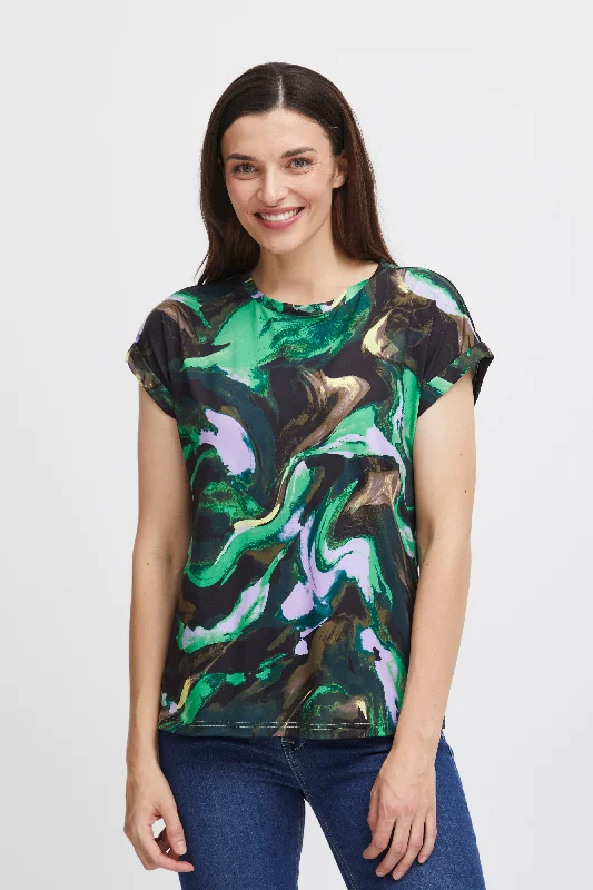 Fransa Seen Marble Print T-Shirt, Green