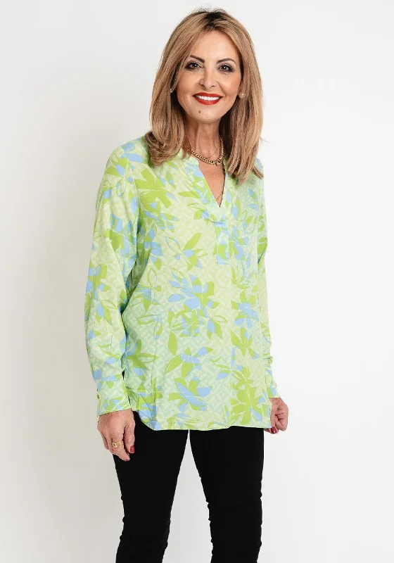 Olsen V-Neck Geo Diamond Floral Design Top, Kiwi