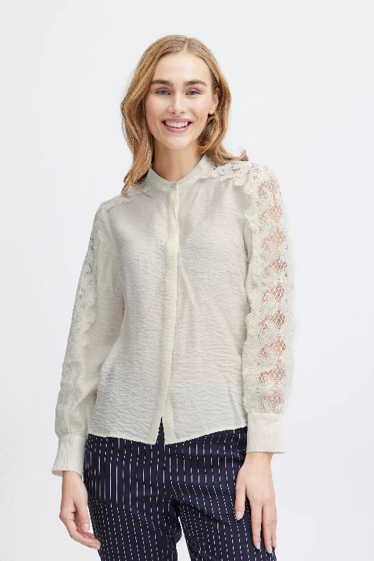 Fransa Blondie Embroidered Sleeve Blouse, Arctic Wolf