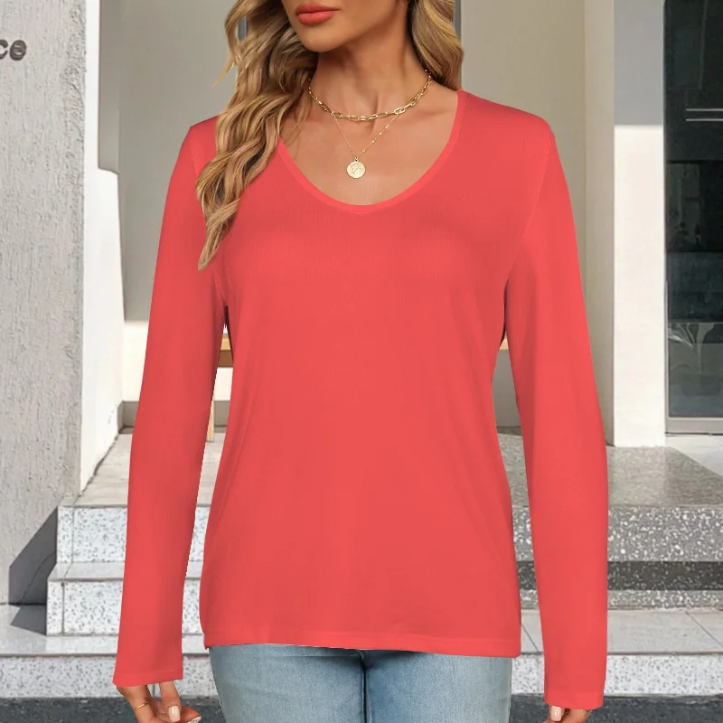 V Neck Long Sleeve Pullover Top Coral