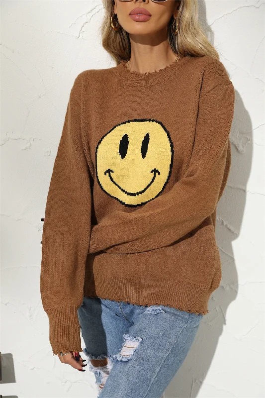 TastyHottie - Round Neck Long Sleeve Smily Face Graphic Sweater