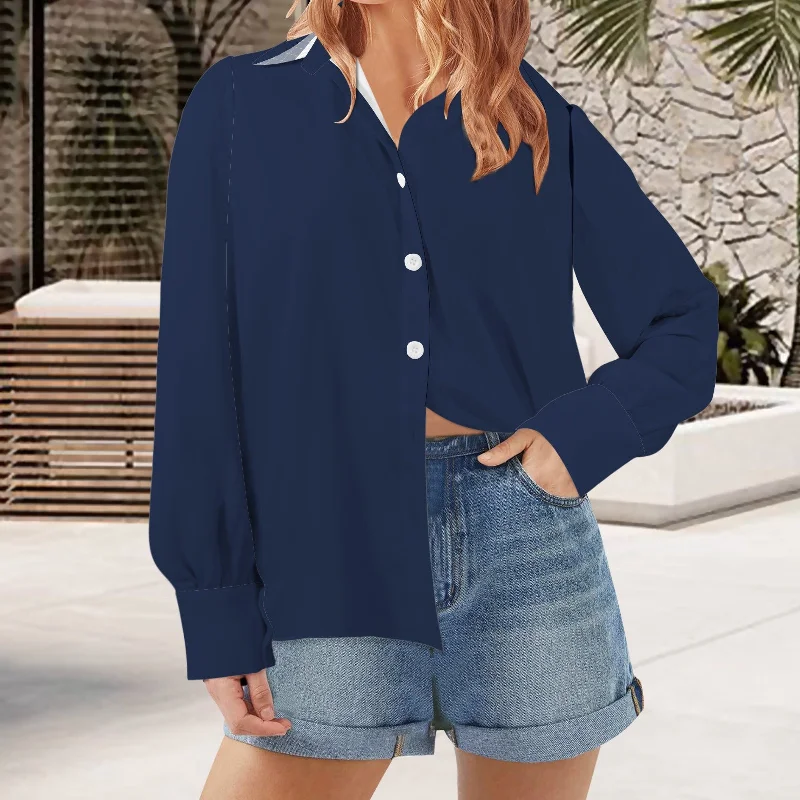 Darkest Blue Button Long Lantern Sleeve Shirt