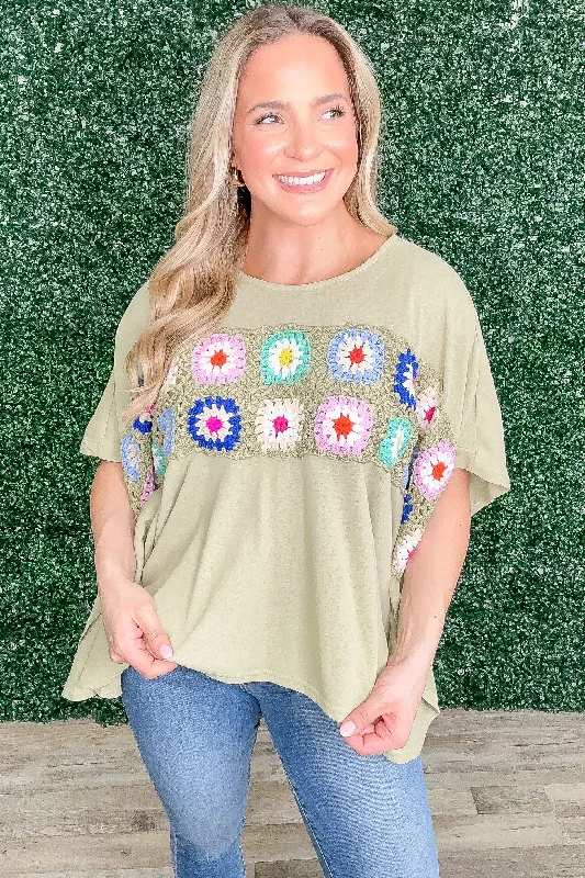 Sage Crocheted Detail Flare Knit Top