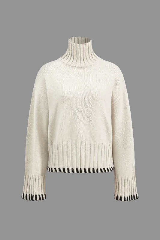 Knit Contrast Whipstitching Long-Sleeve Top