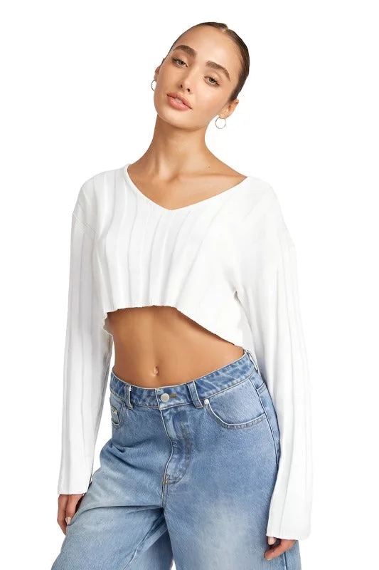 WIDE RIB LONG SLEEVE V NECK TOP