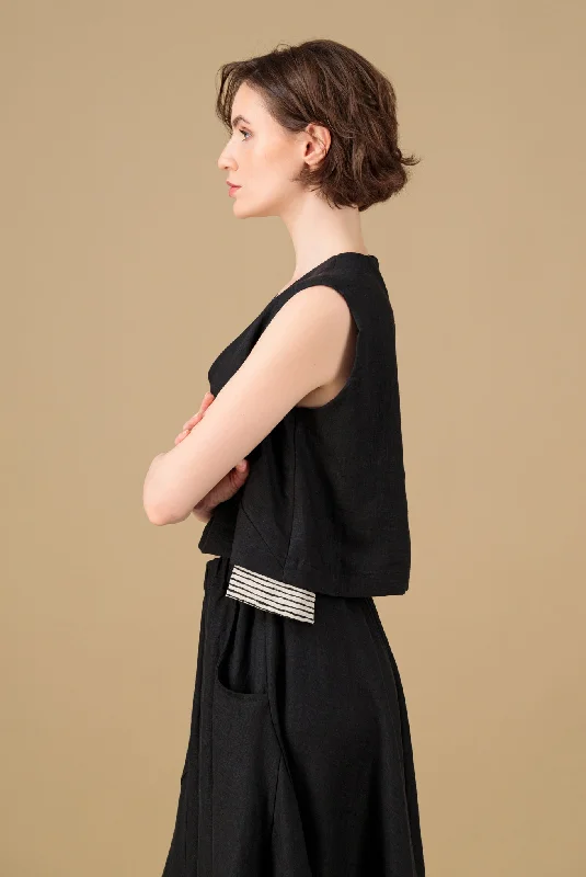 Lani Linen Top Black Hand Block Printed