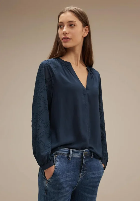 Street One Decorative Chiffon Sleeve Blouse, Dark Atlantic Blue