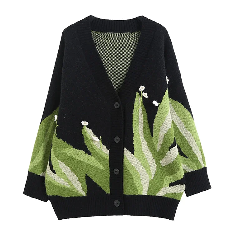 Lazy style knitted cardigan three-dimensional flower sweater coat female  7346