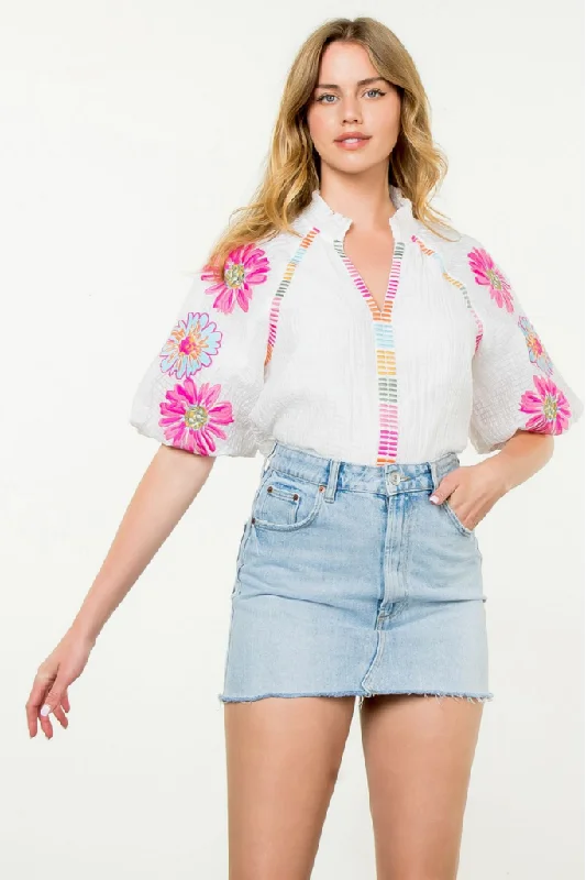 Sienna Floral Embroidered Top in White