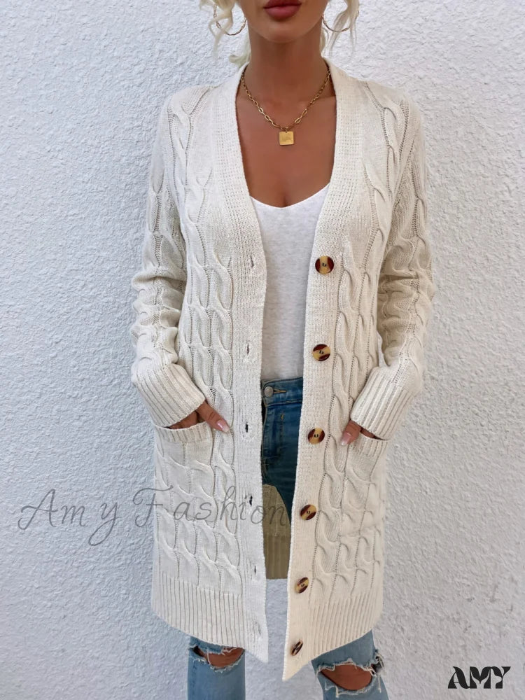 Amy Fashion - New Long Coat Twisted Rope Solid Color Knitted Cardigans