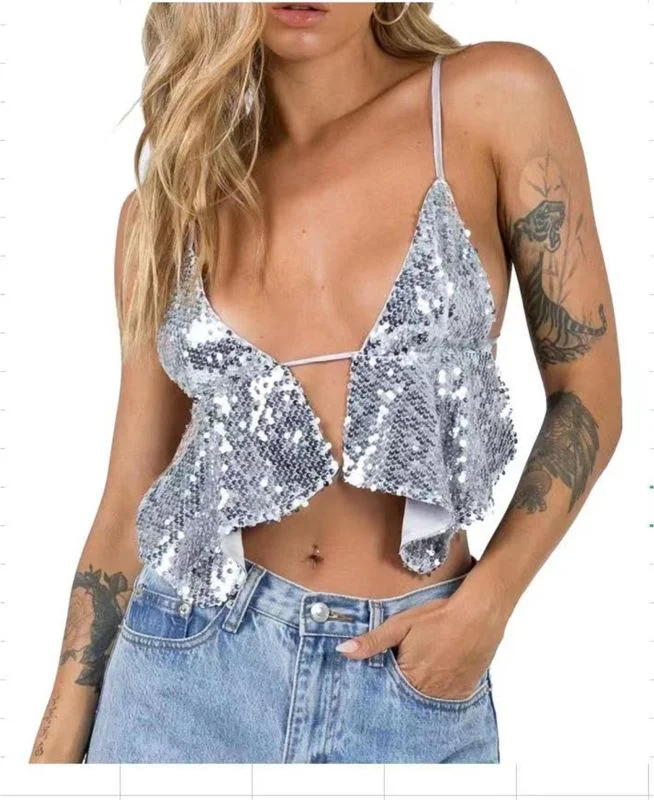 Women's sexy design sequined backless  cami camisole