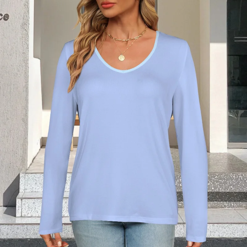 V Neck Long Sleeve Pullover Top Light Sky