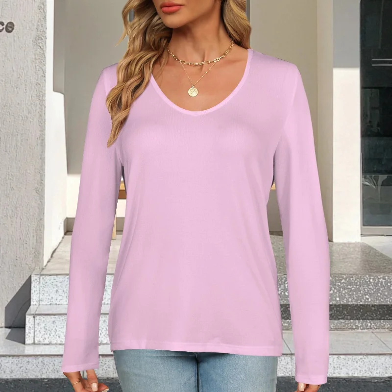 V Neck Long Sleeve Pullover Top Pink