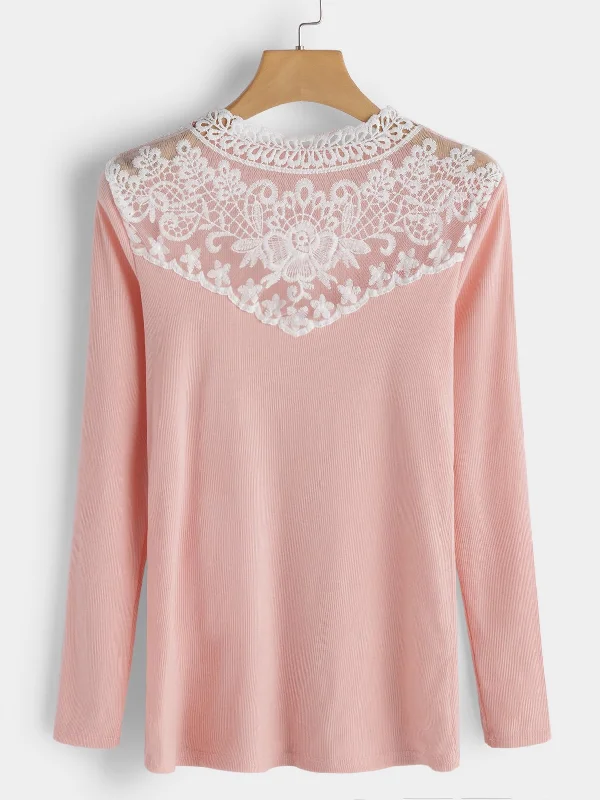 Custom Round Neck Lace Long Sleeve Pink T-Shirts