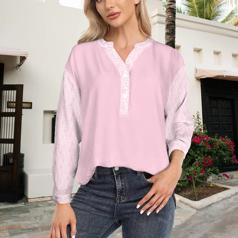 Button V Neck Long Sleeve Blouse Pink Floral