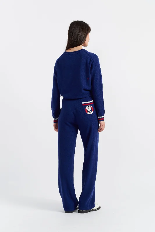 Blue Wool-Cashmere Snoopy Nautical Wide-Leg Track Pants