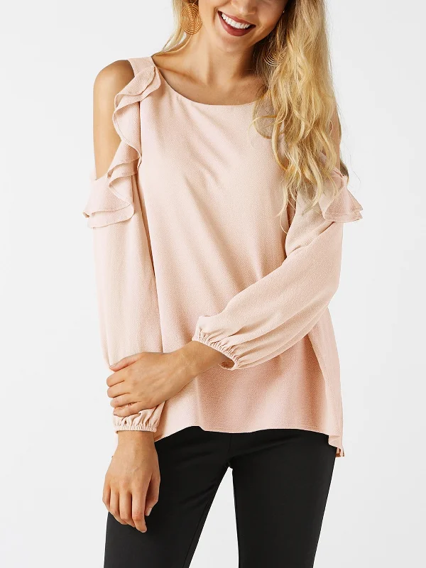 Custom Crew Neck Round Neck Tiered Hollow Cut Out Long Sleeve Flounced Hem Pink T-Shirts