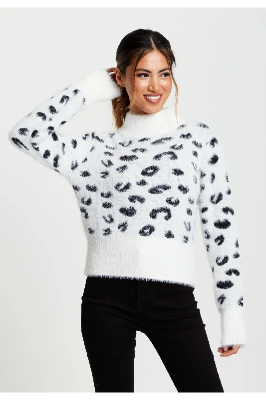 Liquorish Fluffy Animal High Neck Jumper In Black And White