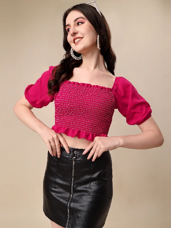 Casual Puff Sleeves Solid Women Pink Smoking Crop Top