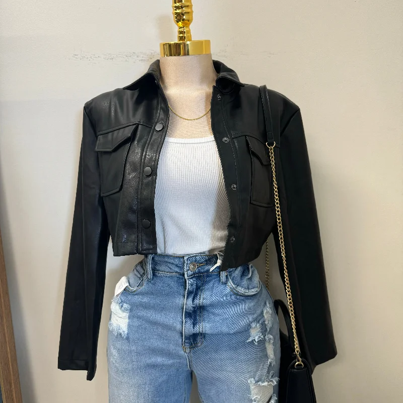 Lulu PU Leather Cropped Jacket-Black