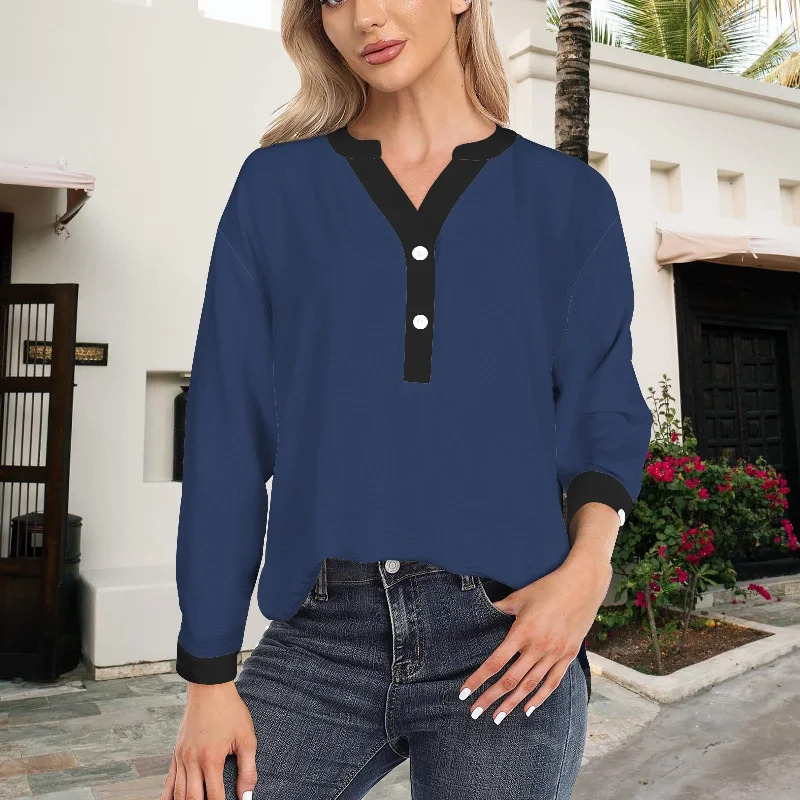 Button V Neck Long Sleeve Blouse Dark Blue Black