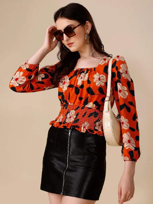 Floral Printed Square Neck Puff Sleeves Smocked Fitted Crop Top