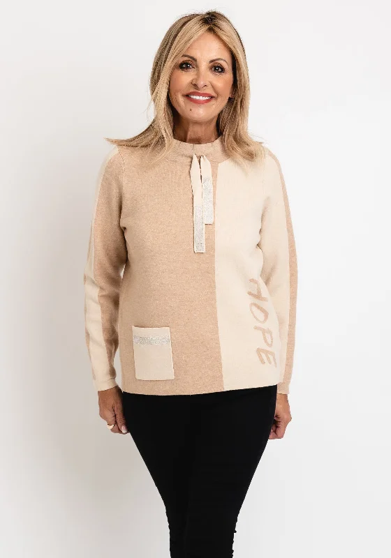 Micha Colour Block Text Print Knit Sweater, Beige